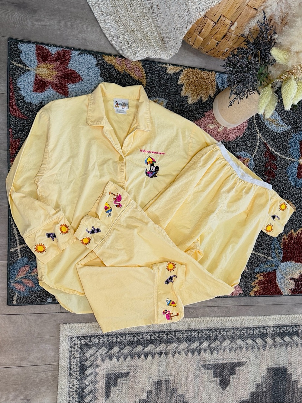 VTG 90s Disney World Mickey Mouse Embroidered Pajamas Set Women Small Cotton - Picture 3 of 16